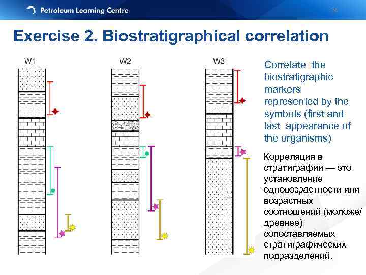 34 Exercise 2. Biostratigraphical correlation Correlate the biostratigraphic markers represented by the symbols (first