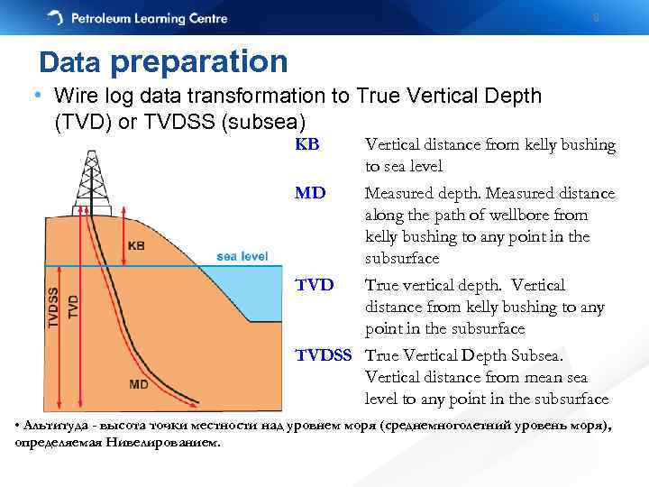 8 Data preparation • Wire log data transformation to True Vertical Depth (TVD) or