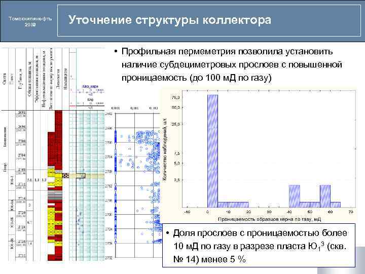 Томскнипинефть 2009 Уточнение структуры коллектора • Профильная пермеметрия позволила установить наличие субдециметровых прослоев с