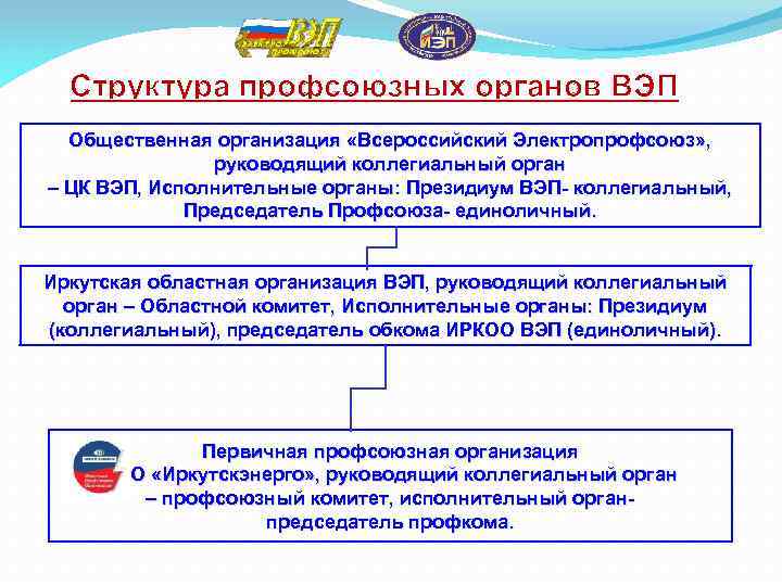 Структура профсоюзных органов ВЭП Общественная организация «Всероссийский Электропрофсоюз» , руководящий коллегиальный орган – ЦК