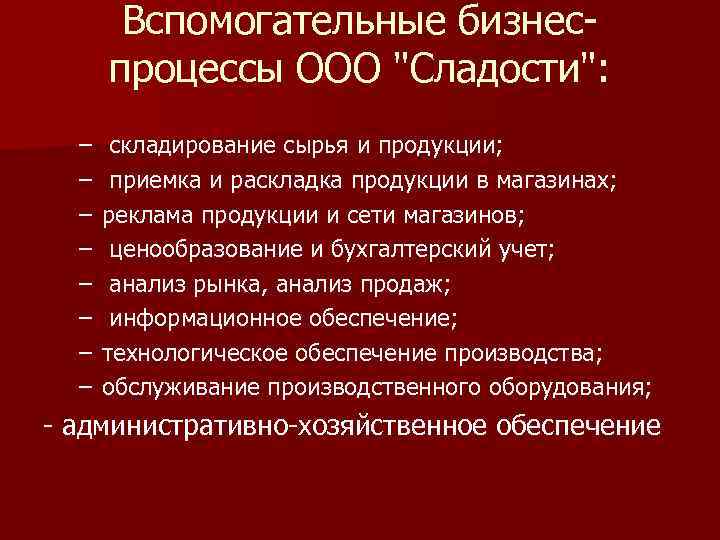 Вспомогательные бизнеспроцессы ООО 