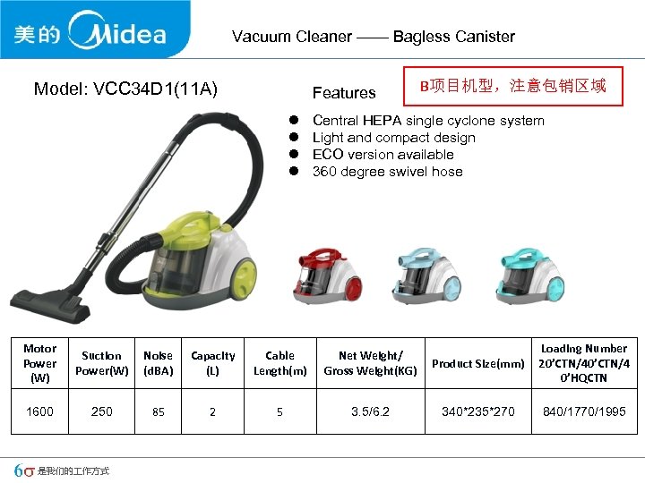 Vacuum Cleaner —— Bagless Canister Model: VCC 34 D 1(11 A) Features l l