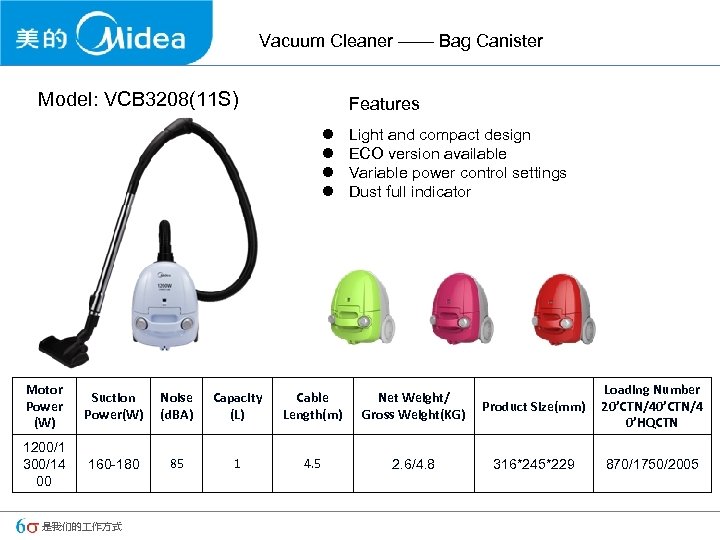 Vacuum Cleaner —— Bag Canister Model: VCB 3208(11 S) Features l l Light and