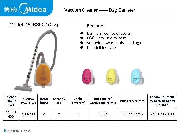 Vacuum Cleaner —— Bag Canister Model: VCB 35 Q 1(Q 2) Features l l