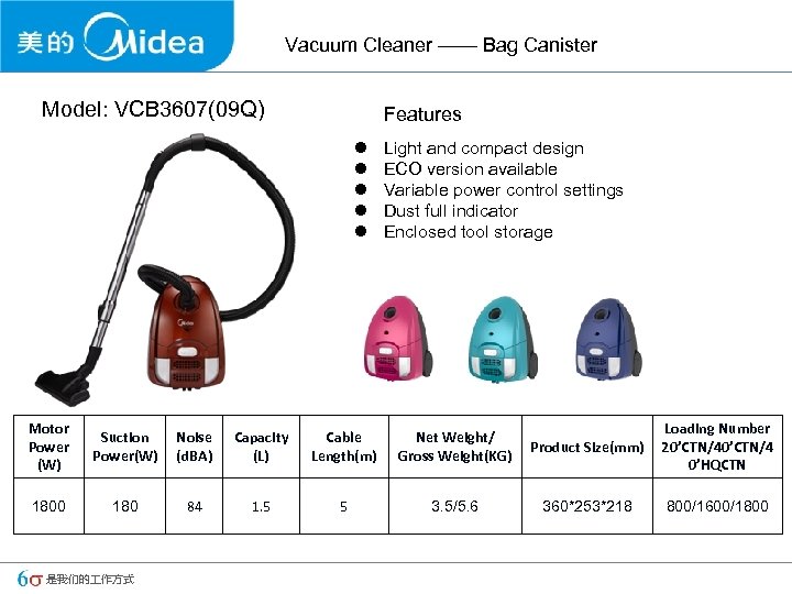 Vacuum Cleaner —— Bag Canister Model: VCB 3607(09 Q) Features l l l Light