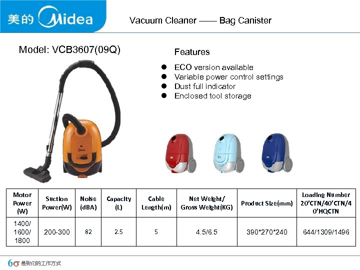 Vacuum Cleaner —— Bag Canister Model: VCB 3607(09 Q) Features l l ECO version