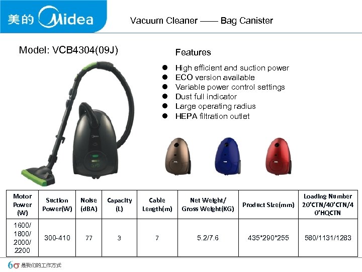 Vacuum Cleaner —— Bag Canister Model: VCB 4304(09 J) Features l l l High