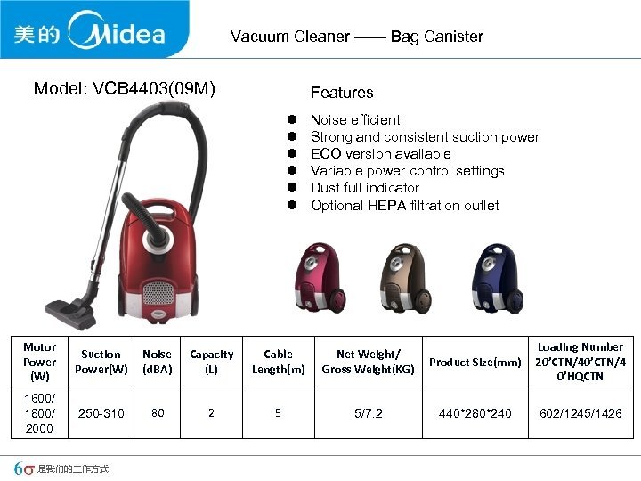 Vacuum Cleaner —— Bag Canister Model: VCB 4403(09 M) Features l l l Noise