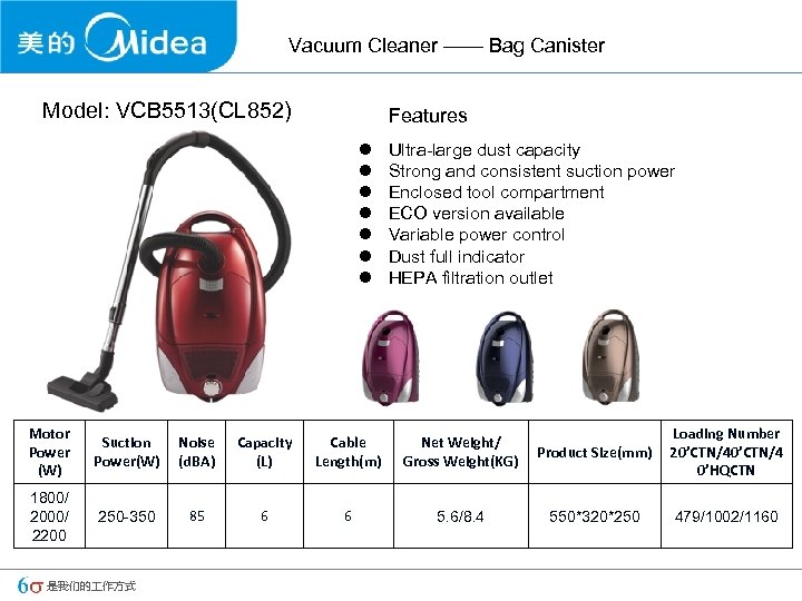 Vacuum Cleaner —— Bag Canister Model: VCB 5513(CL 852) Features l l l l