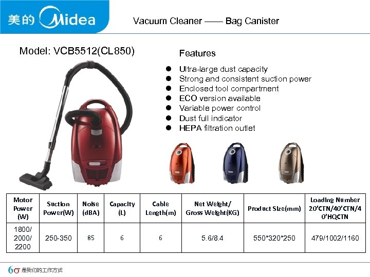 Vacuum Cleaner —— Bag Canister Model: VCB 5512(CL 850) Features l l l l