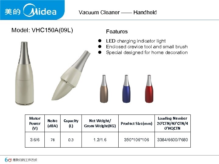 Vacuum Cleaner —— Handheld Model: VHC 150 A(09 L) Features l LED charging indicator