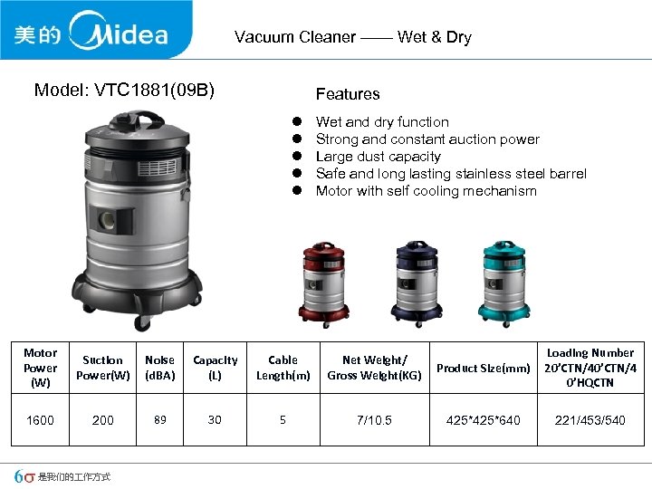 Vacuum Cleaner —— Wet & Dry Model: VTC 1881(09 B) Features l l l