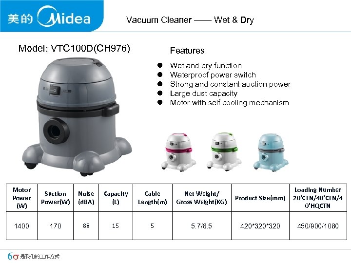 Vacuum Cleaner —— Wet & Dry Model: VTC 100 D(CH 976) Features l l