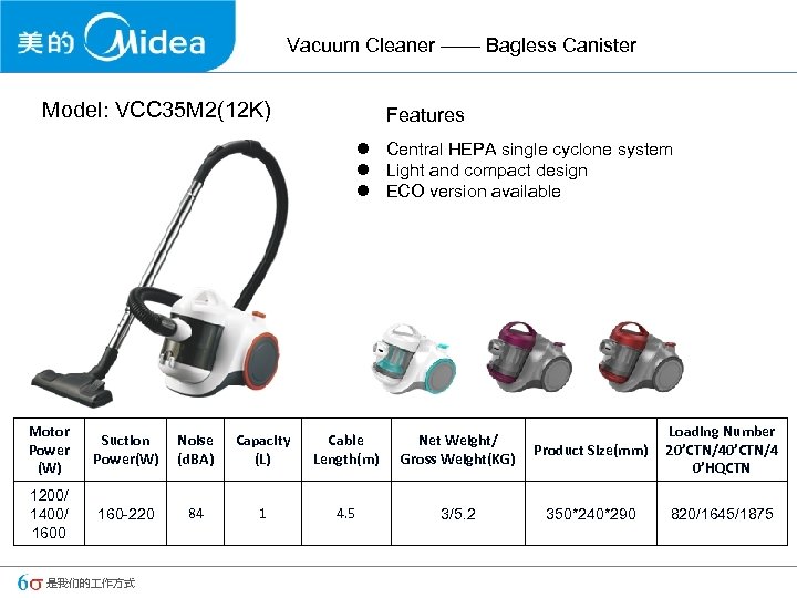 Vacuum Cleaner —— Bagless Canister Model: VCC 35 M 2(12 K) Features l Central