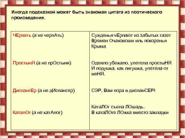 Иногда подсказкой может быть знакомая цитата из поэтического произведения. ЧЕрпать (а не черп. Ать)