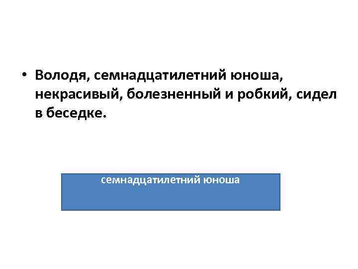  • Володя, семнадцатилетний юноша, некрасивый, болезненный и робкий, сидел в беседке. семнадцатилетний юноша