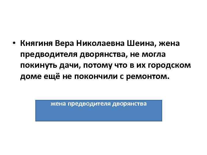  • Княгиня Вера Николаевна Шеина, жена предводителя дворянства, не могла покинуть дачи, потому