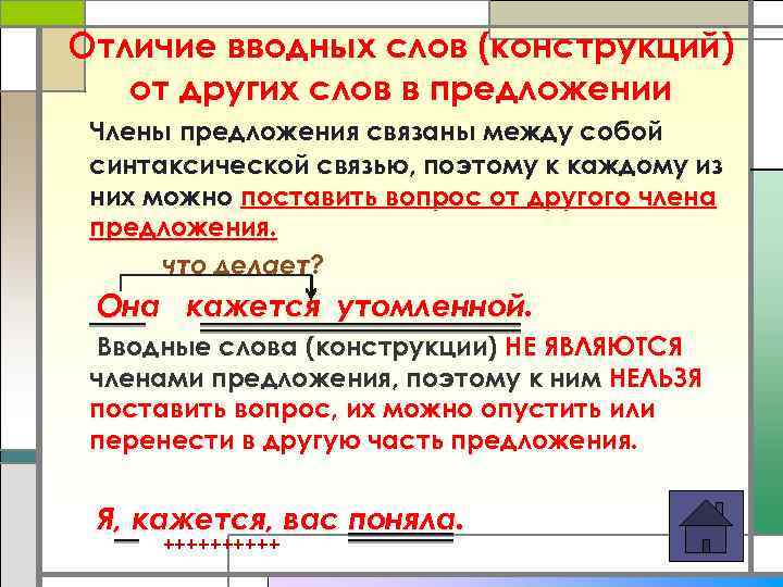Отличие вводных слов (конструкций) от других слов в предложении Члены предложения связаны между собой