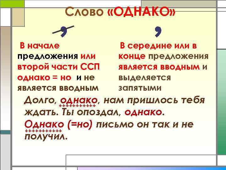 Слово «ОДНАКО» В начале предложения или второй части ССП однако = но и не