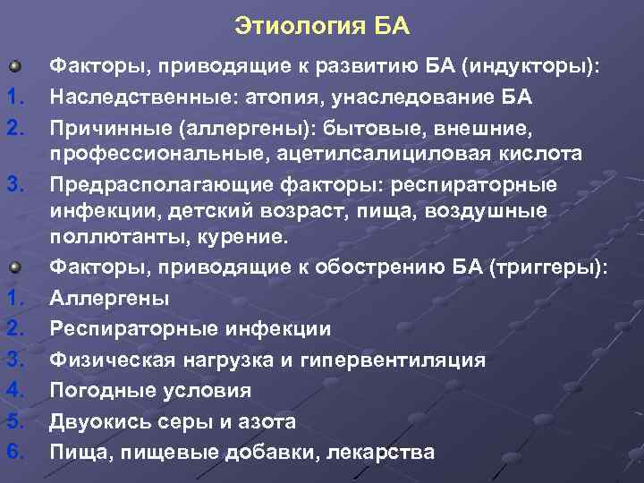 Этиология БА 1. 2. 3. 4. 5. 6. Факторы, приводящие к развитию БА (индукторы):