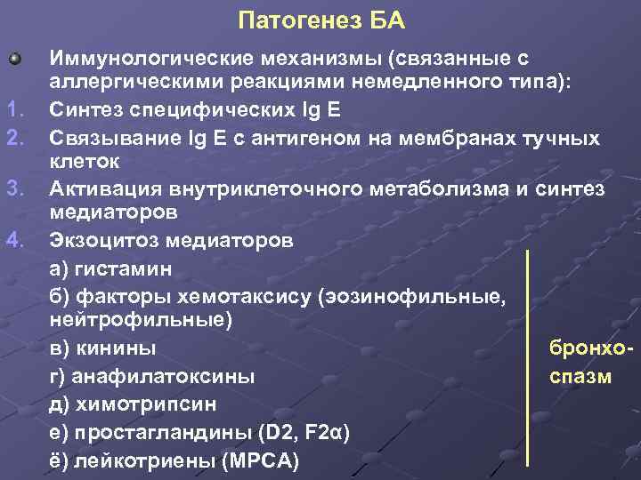 Патогенез БА 1. 2. 3. 4. Иммунологические механизмы (связанные с аллергическими реакциями немедленного типа):
