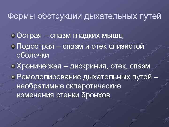 Формы обструкции дыхательных путей Острая – спазм гладких мышц Подострая – спазм и отек