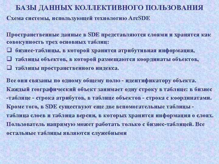 БАЗЫ ДАННЫХ КОЛЛЕКТИВНОГО ПОЛЬЗОВАНИЯ Схема системы, использующей технологию Arc. SDE Пространственные данные в SDE