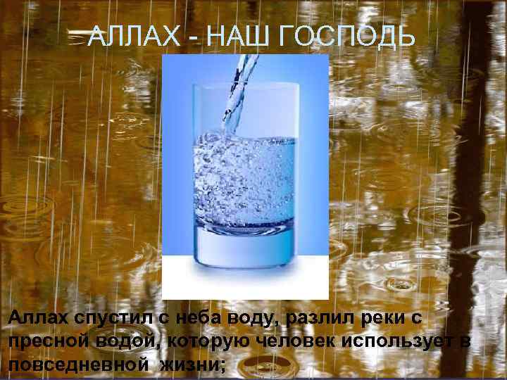 АЛЛАХ - НАШ ГОСПОДЬ Аллах спустил с неба воду, разлил реки с пресной водой,