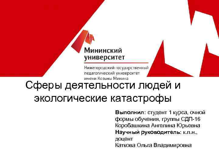 Сферы деятельности людей и экологические катастрофы Выполнил: студент 1 курса, очной формы обучения, группы