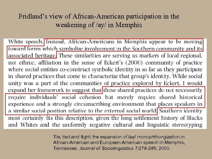 Fridland’s view of African-American participation in the weakening of /ay/ in Memphis Tie, tied