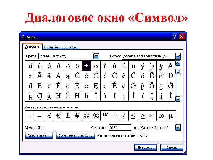 Диалоговое окно «Символ» 