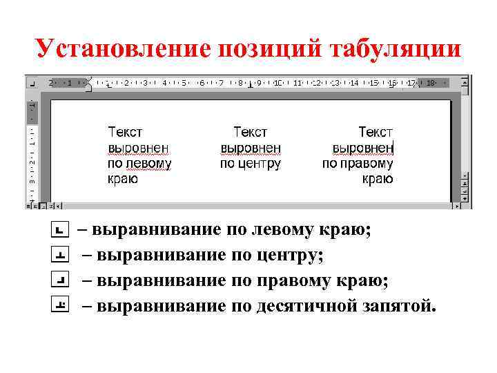 Установление позиций табуляции • • – выравнивание по левому краю; – выравнивание по центру;