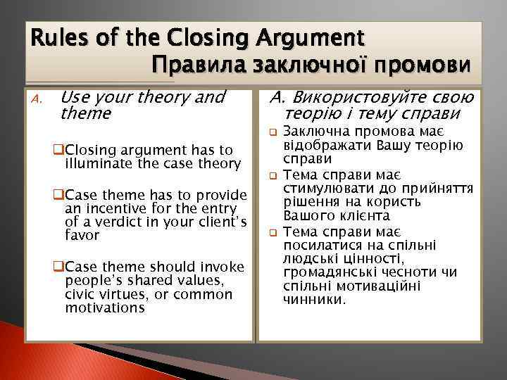 Rules of the Closing Argument Правила заключної промови A. Use your theory and theme