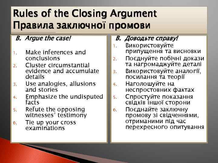 Rules of the Closing Argument Правила заключної промови B. Argue the case! 1. 2.