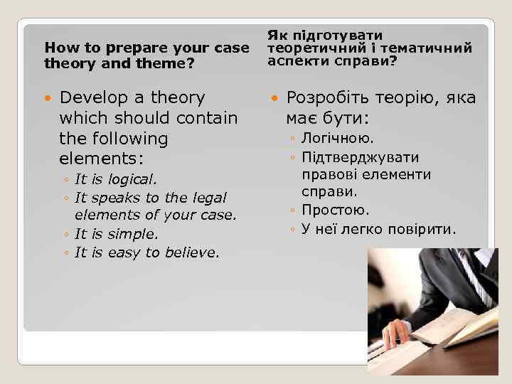 How to prepare your case theory and theme? Develop a theory which should contain