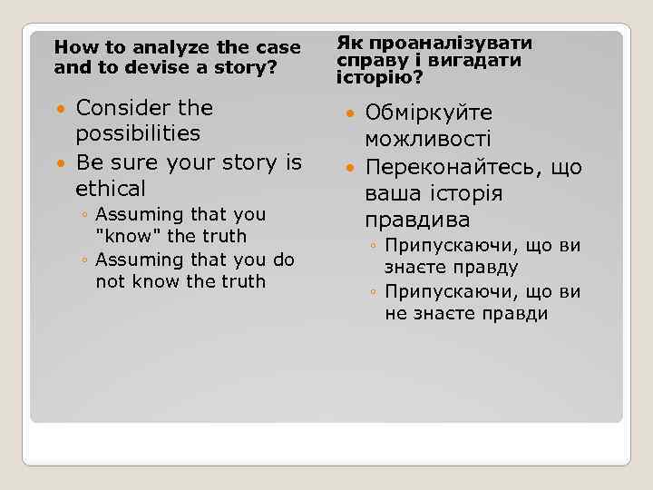 How to analyze the case and to devise a story? Consider the possibilities Be