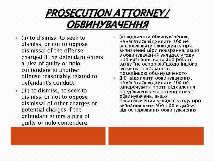 PROSECUTION ATTORNEY/ ОБВИНУВАЧЕННЯ (ii) to dismiss, to seek to dismiss, or not to oppose