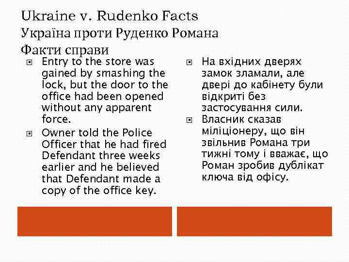 Ukraine v. Rudenko Facts Україна проти Руденко Романа Факти справи Entry to the store