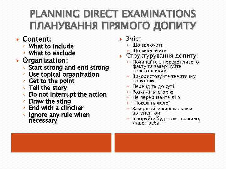 PLANNING DIRECT EXAMINATIONS ПЛАНУВАННЯ ПРЯМОГО ДОПИТУ Content: ◦ What to include ◦ What to
