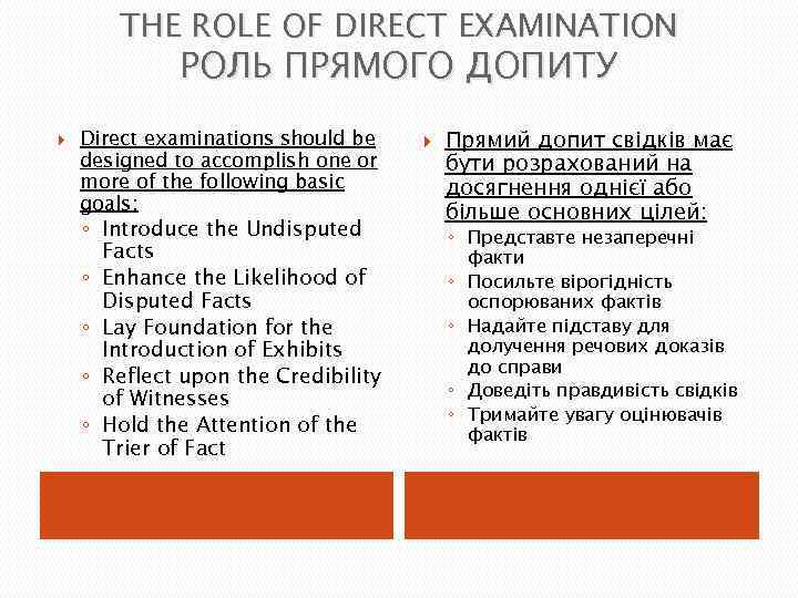 THE ROLE OF DIRECT EXAMINATION РОЛЬ ПРЯМОГО ДОПИТУ Direct examinations should be designed to