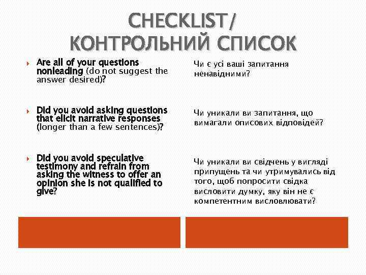 CHECKLIST/ КОНТРОЛЬНИЙ СПИСОК Are all of your questions nonleading (do not suggest the answer
