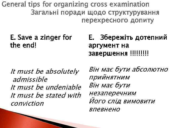 General tips for organizing cross examination Загальні поради щодо структурування перехресного допиту E. Save