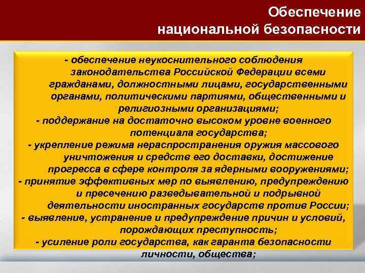 Обеспечение национальной безопасности - обеспечение неукоснительного соблюдения законодательства Российской Федерации всеми гражданами, должностными лицами,