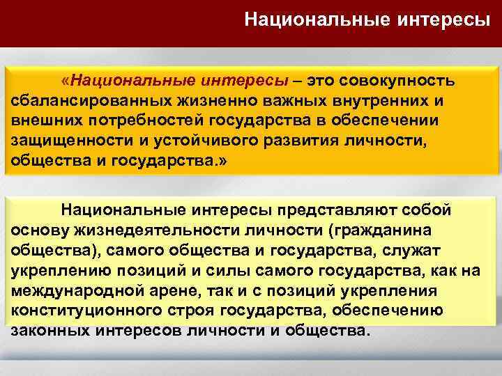 Национальные интересы «Национальные интересы – это совокупность сбалансированных жизненно важных внутренних и внешних потребностей