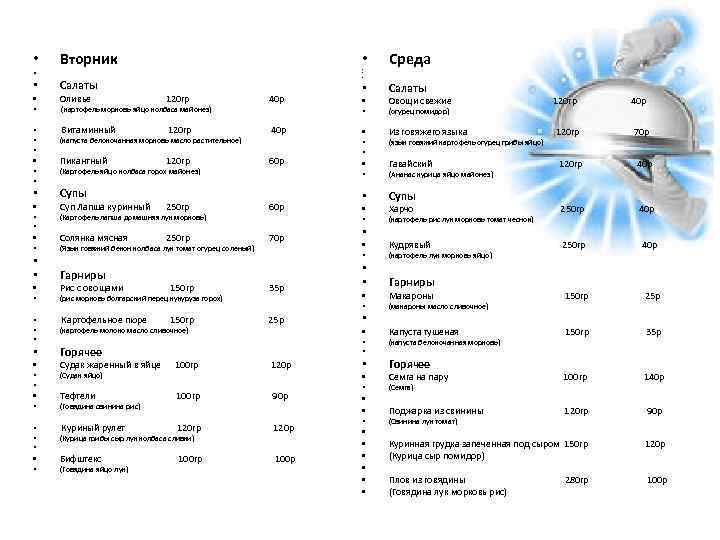  • • • • • • • • • Вторник Салаты Оливье 120