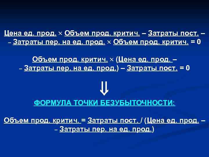 Цена ед. прод. Объем прод. критич. – Затраты пост. – – Затраты пер. на