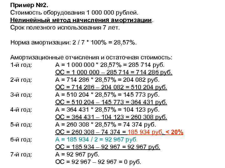 Пример № 2. Стоимость оборудования 1 000 рублей. Нелинейный метод начисления амортизации. Срок полезного