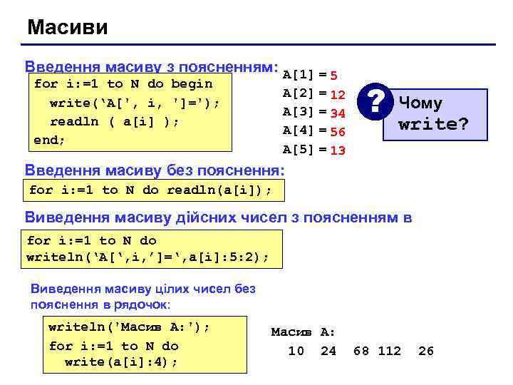 Масиви Введення масиву з поясненням: A[1] = 5 A[2] = 12 A[3] = 34