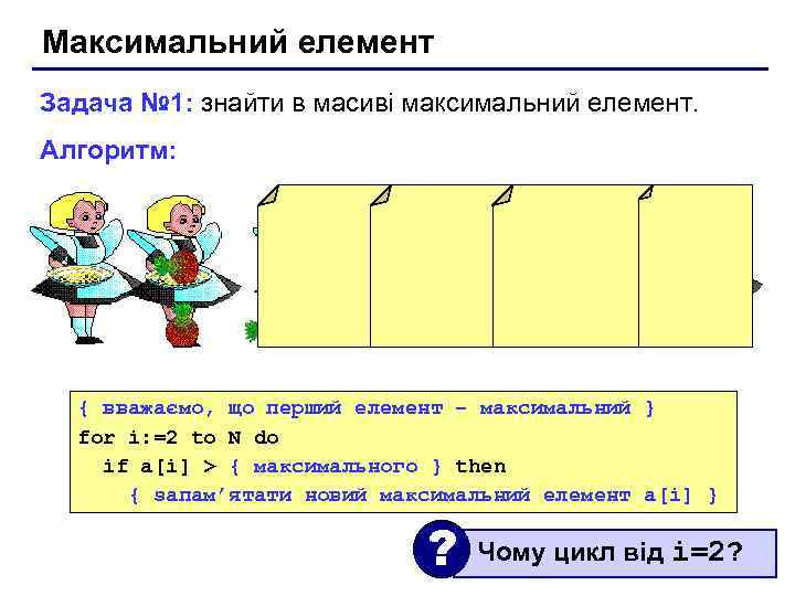 Максимальний елемент Задача № 1: знайти в масиві максимальний елемент. Алгоритм: { вважаємо, що