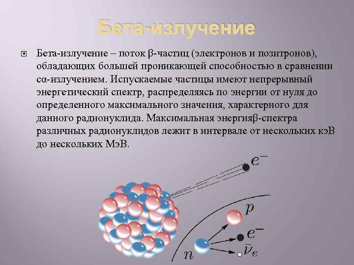 Бета-излучение – поток β-частиц (электронов и позитронов), обладающих большей проникающей способностью в сравнении сα-излучением.